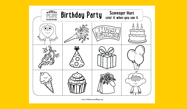 Birthday Party Scavenger Hunt Coloring Sheet