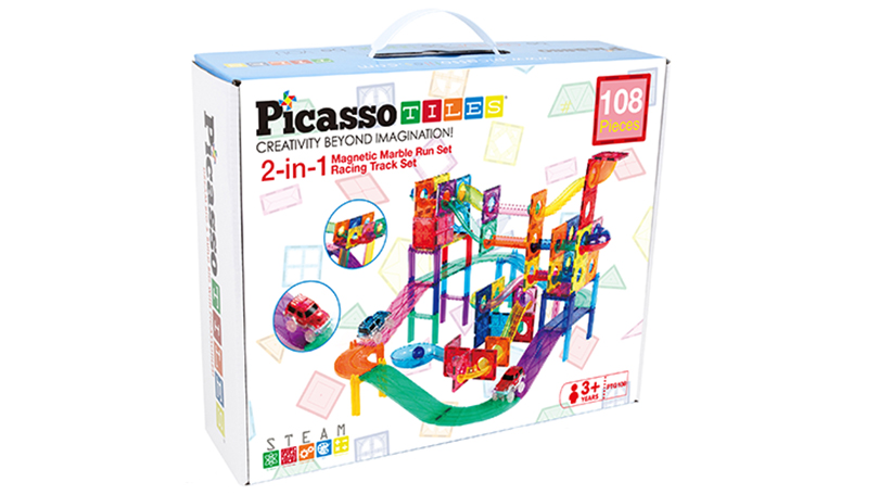 Picasso Tiles 108pc 2-in-1 Magnetic Marble Run Set & Racing Track Set 