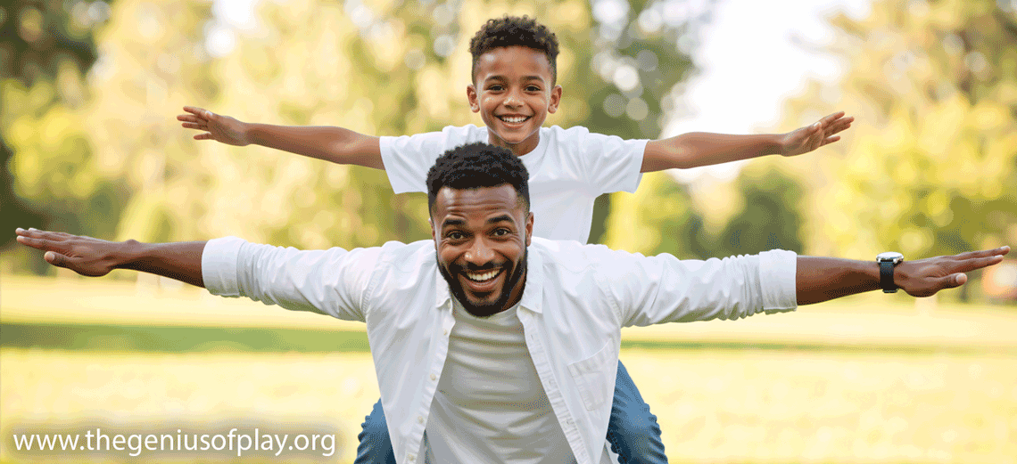 happy African American father with outstretched arms giving his young son a piggyback ride in the park.