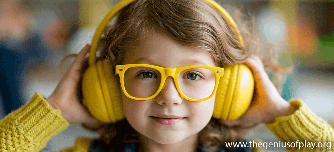 young girl with curly hair and large yellow eyeglasses listening and smiling with oversized yellow headphones on her head
