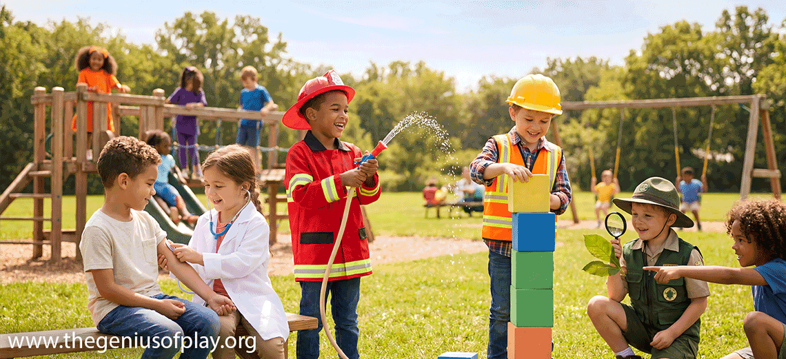 Children in costume role playing careers outdoors on sunny playground