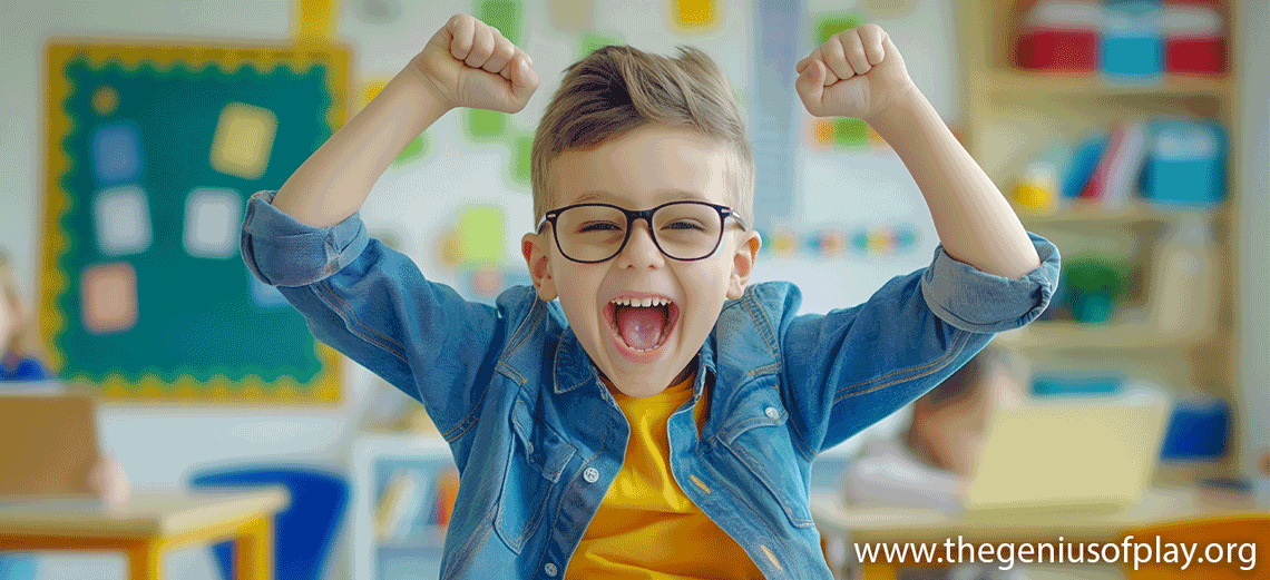 happy and smiling young boy raising his hands in school classroom