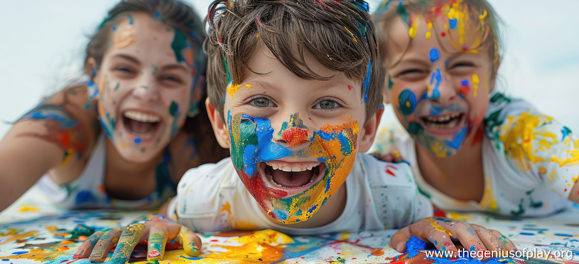 happy children covered in paint, laughing and playing together.